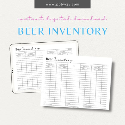 Beer Inventory Printable Template – Digital download for tracking beer collection, managing home bar stock, and organizing craft beer.