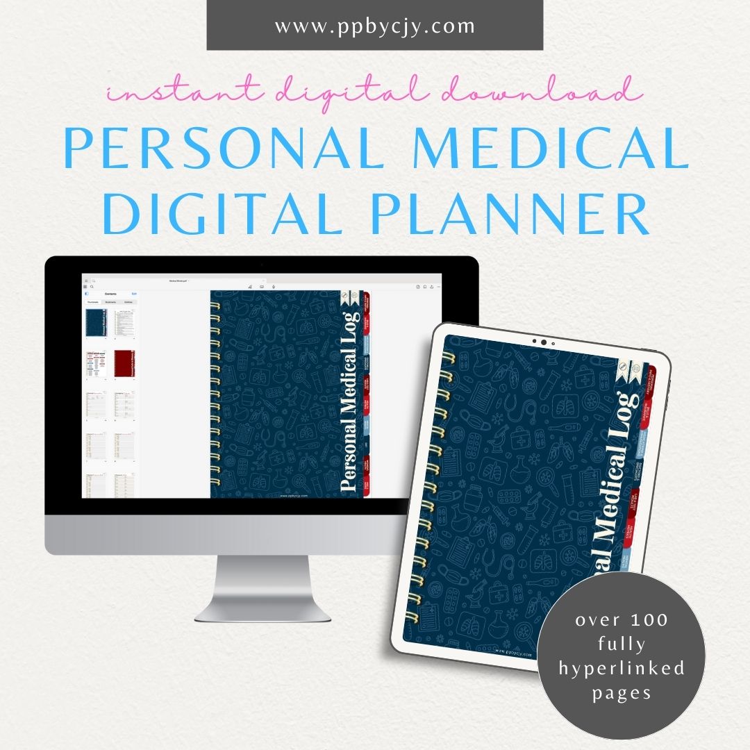 Personal Medical Digital Planner – Digital download featuring interactive pages for managing and tracking personal medical information, appointments, and health records.