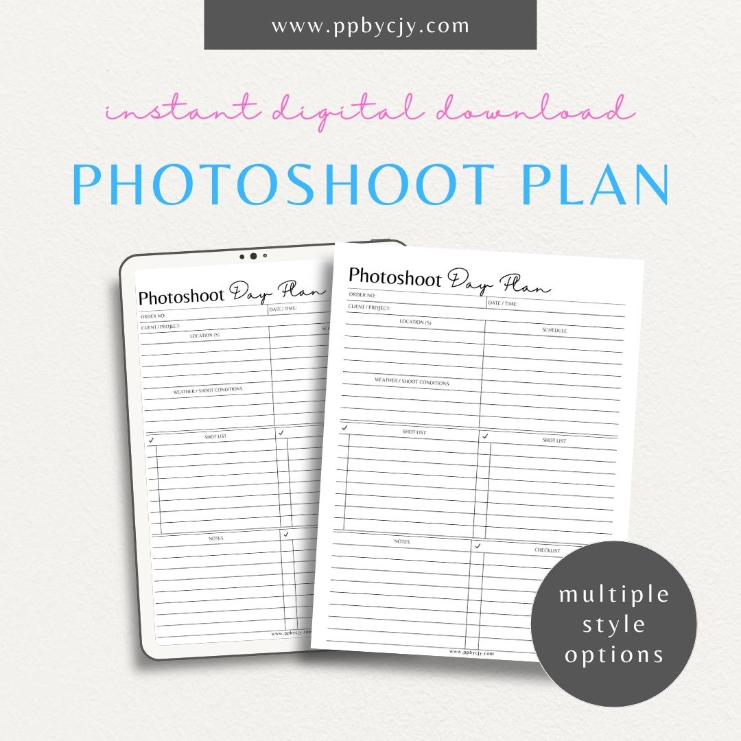 Photoshoot Day Plan Printable Template – Digital download for organizing and planning photography sessions, shoot day schedules, and equipment lists