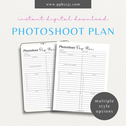 Photoshoot Day Plan Printable Template – Digital download for organizing and planning photography sessions, shoot day schedules, and equipment lists