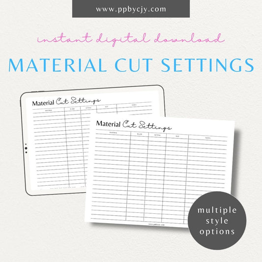 Cricut Material Cut Settings Printable Template – Digital download for accurate cutting machine settings and crafting guide