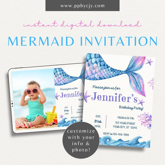 Magical Mermaid Party Invitation Printable – Digital download with mermaid and ocean waves