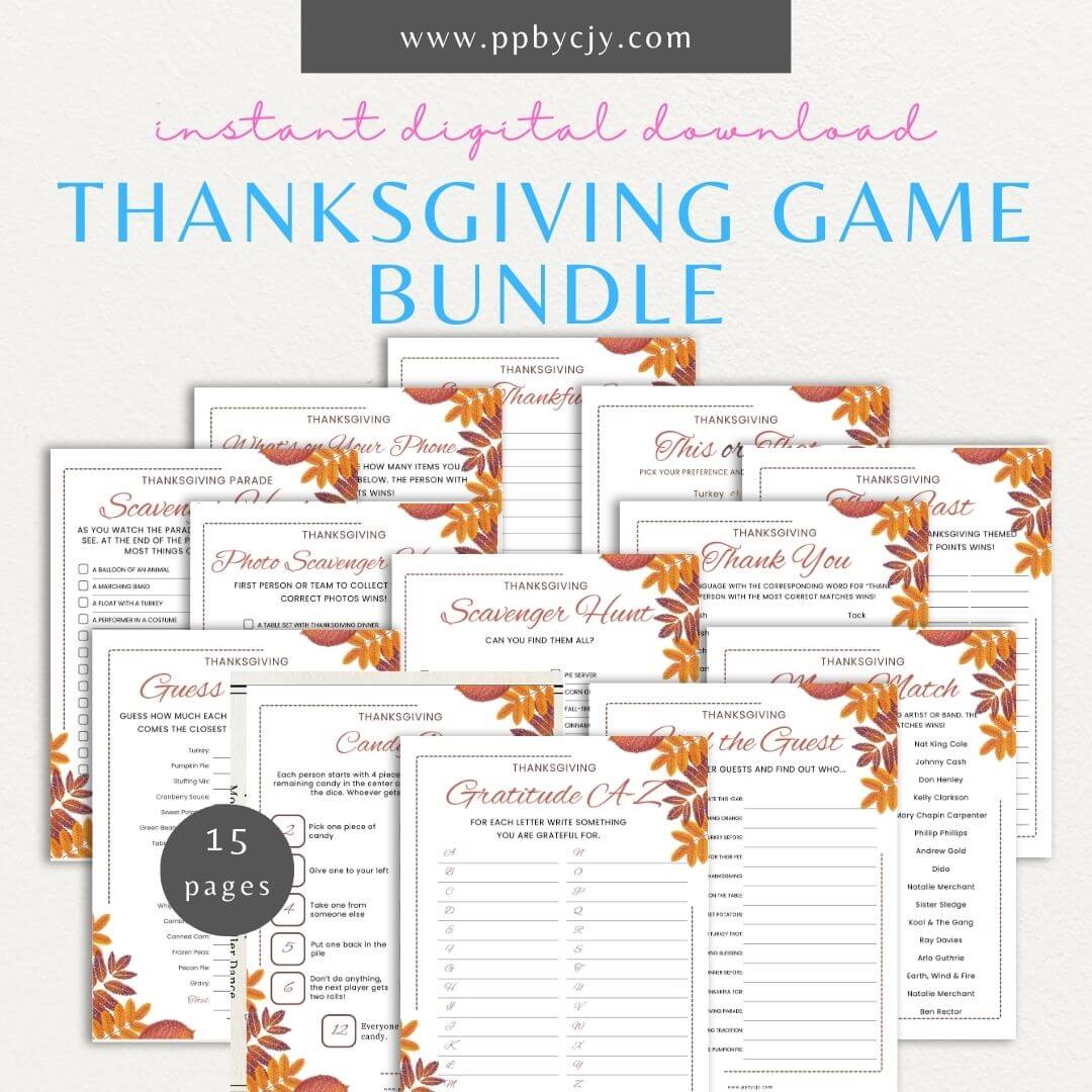 Thanksgiving Game Bundle Printable Template – Digital download for a collection of fun and engaging games designed for Thanksgiving celebrations, including instructions and printable materials