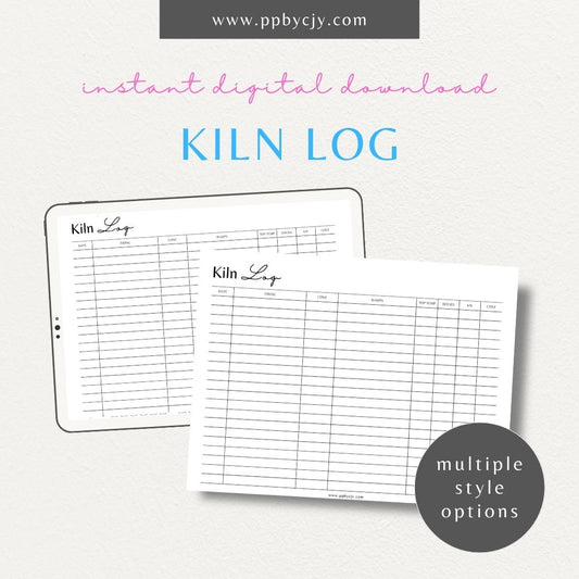 Kiln Log Printable Template – Digital download for tracking ceramic kiln operations, including firing schedules, temperatures, and kiln performance