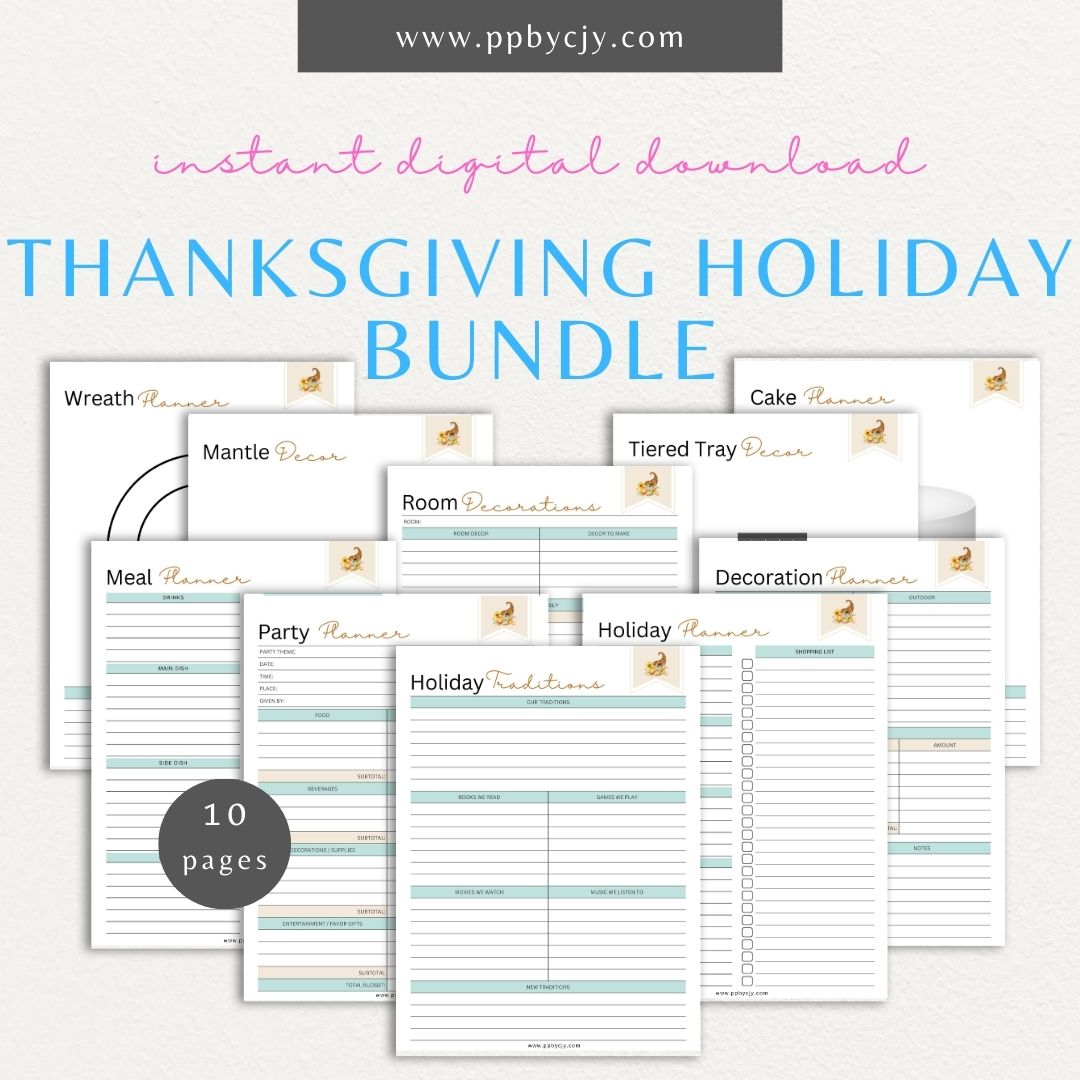 Thanksgiving Holiday Planner Bundle Printable Template – Digital download for a comprehensive set of planners to organize and manage all aspects of Thanksgiving, including meal planning, guest lists, decorations, activities, and schedules