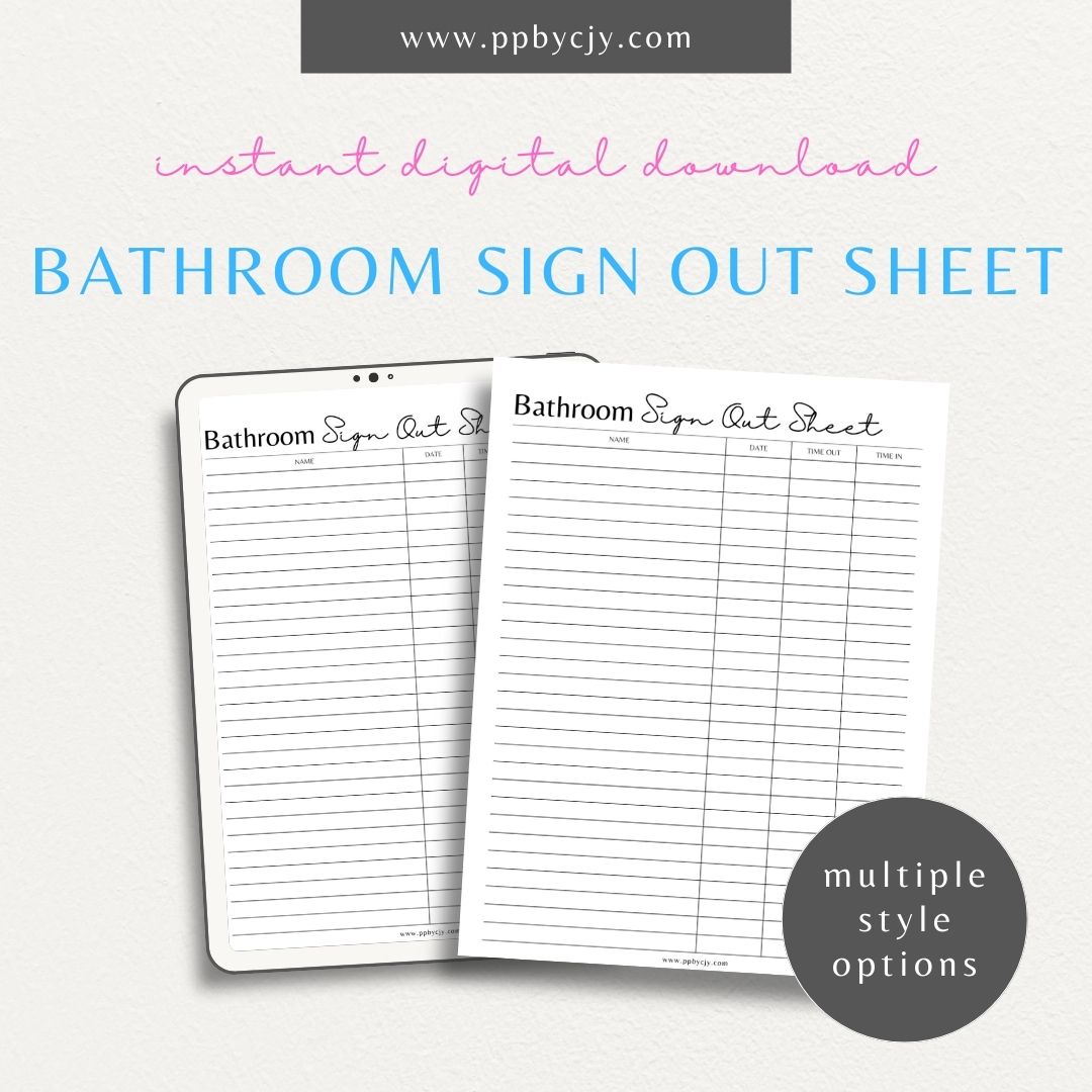 Bathroom Sign-Out Sheet Printable Template – Digital download for tracking restroom usage in classrooms or offices.