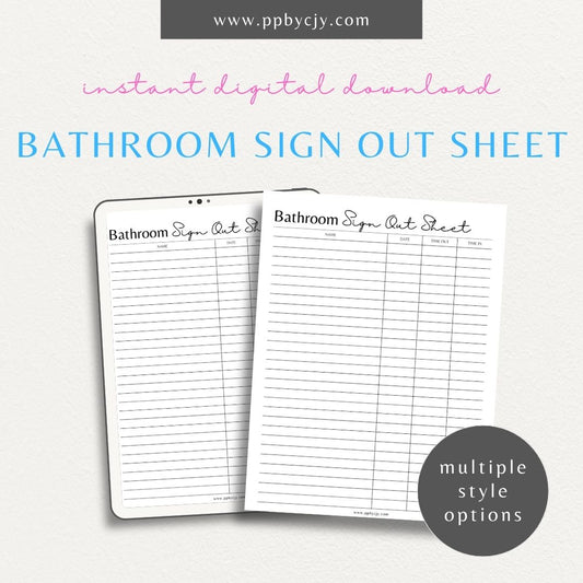 Bathroom Sign-Out Sheet Printable Template – Digital download for tracking restroom usage in classrooms or offices.