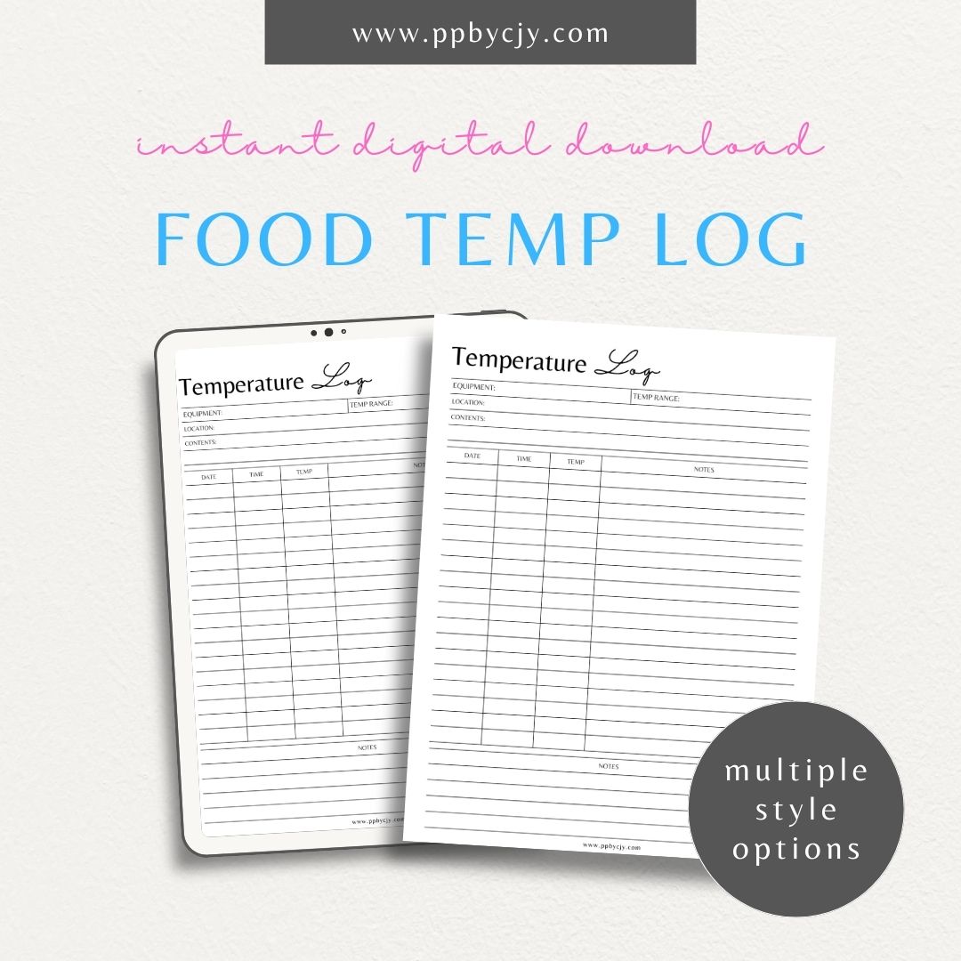 Food Temperature Log Printable Template – Digital download for tracking cooking and storage temperatures to maintain kitchen safety and compliance.