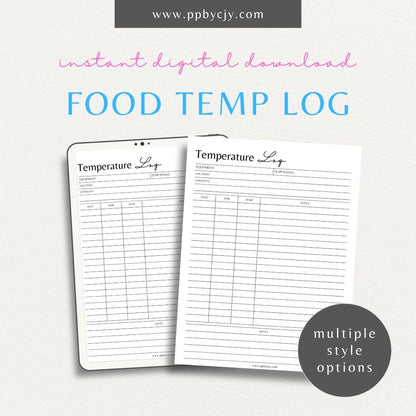 Food Temperature Log Printable Template – Digital download for tracking cooking and storage temperatures to maintain kitchen safety and compliance.