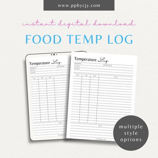 Food Temperature Log Printable Template – Digital download for tracking cooking and storage temperatures to maintain kitchen safety and compliance.