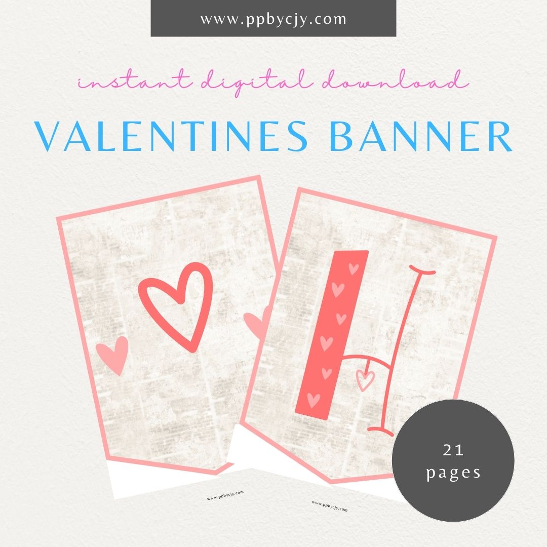 Printable Valentine’s Day flag banner with "Happy Valentine’s Day" lettering and heart designs for festive decorations.

