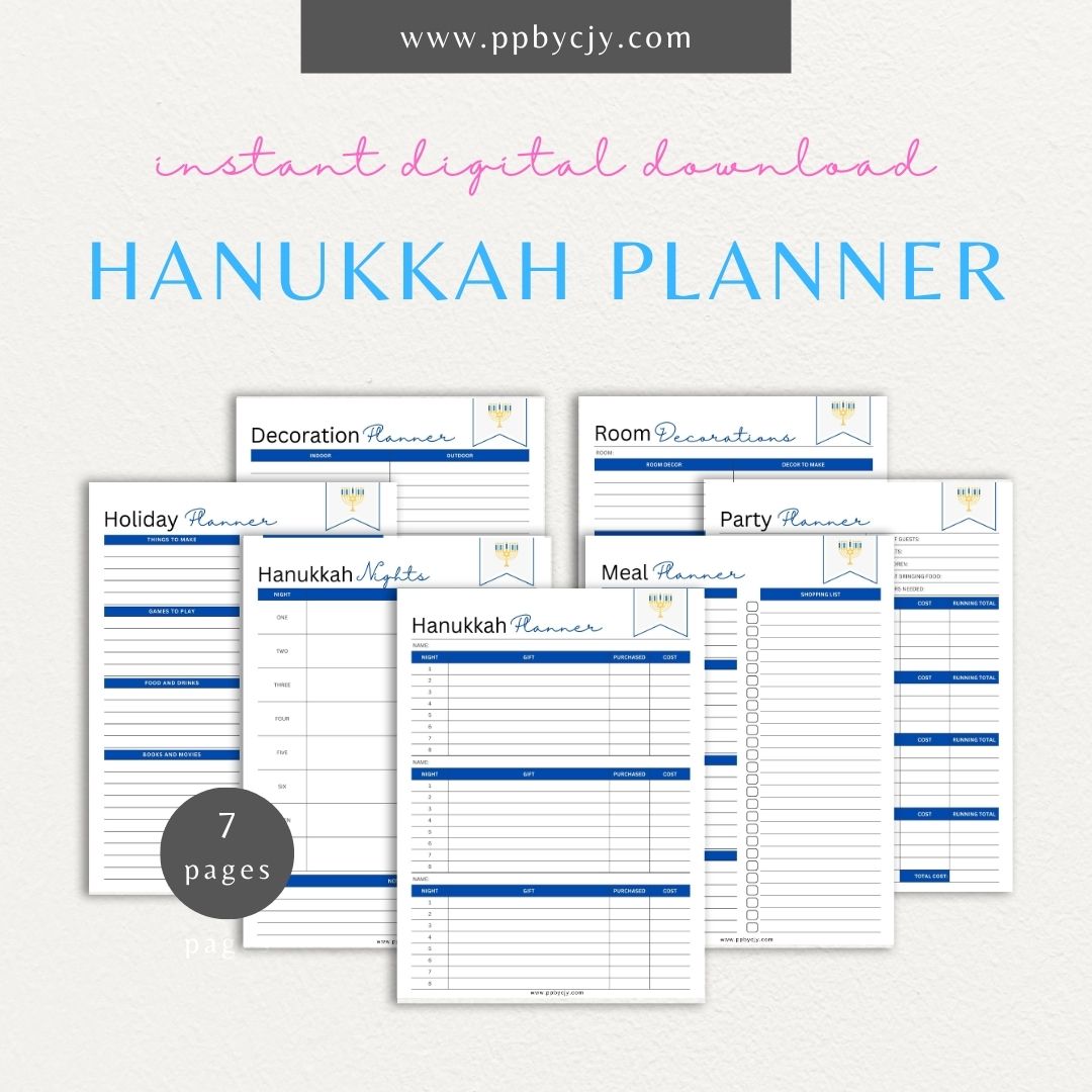 Hanukkah Nights & Gifts Planning Bundle – Digital download for organizing gifts, nightly activities, menorah lighting, and holiday preparations.