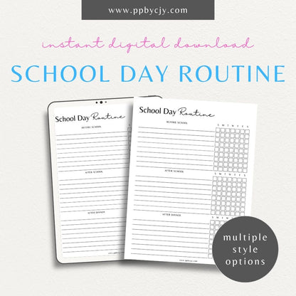 School Day Routine Tracker Printable Template – Digital download for managing school schedules, homework, and daily routines.