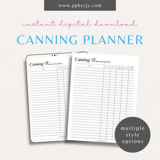 Homestead Canning Planner Printable Template – Digital download for organizing and scheduling your home canning activities and recipes.