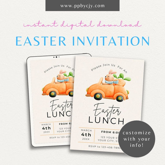 Easter Invitation with Bunny & Carrots – Printable spring party invite for Easter celebration.