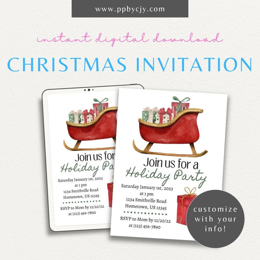 Sleigh Ride Christmas Invitation – Festive printable holiday invitation with sleigh and snow design.