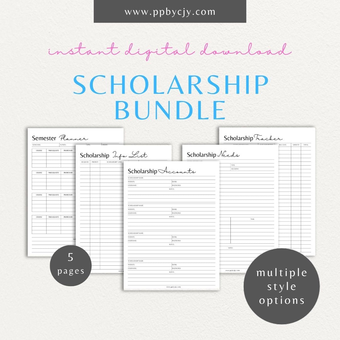 Scholarship Planner Bundle Printable Template – Digital download for comprehensive organization and management of scholarship applications, including planners, trackers, and checklists