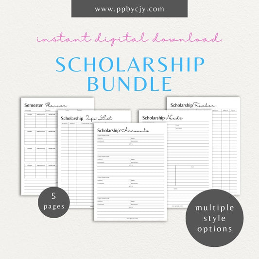 Scholarship Planner Bundle Printable Template – Digital download for comprehensive organization and management of scholarship applications, including planners, trackers, and checklists