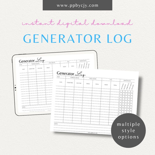 Generator Log Printable Template – Digital download for tracking maintenance, fuel, and run time for emergency preparedness.