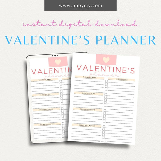 Valentine's Day Party Planner Printable Template – Digital download for organizing and managing all aspects of a Valentine's Day party, including guest lists, decorations, food, activities, and schedules