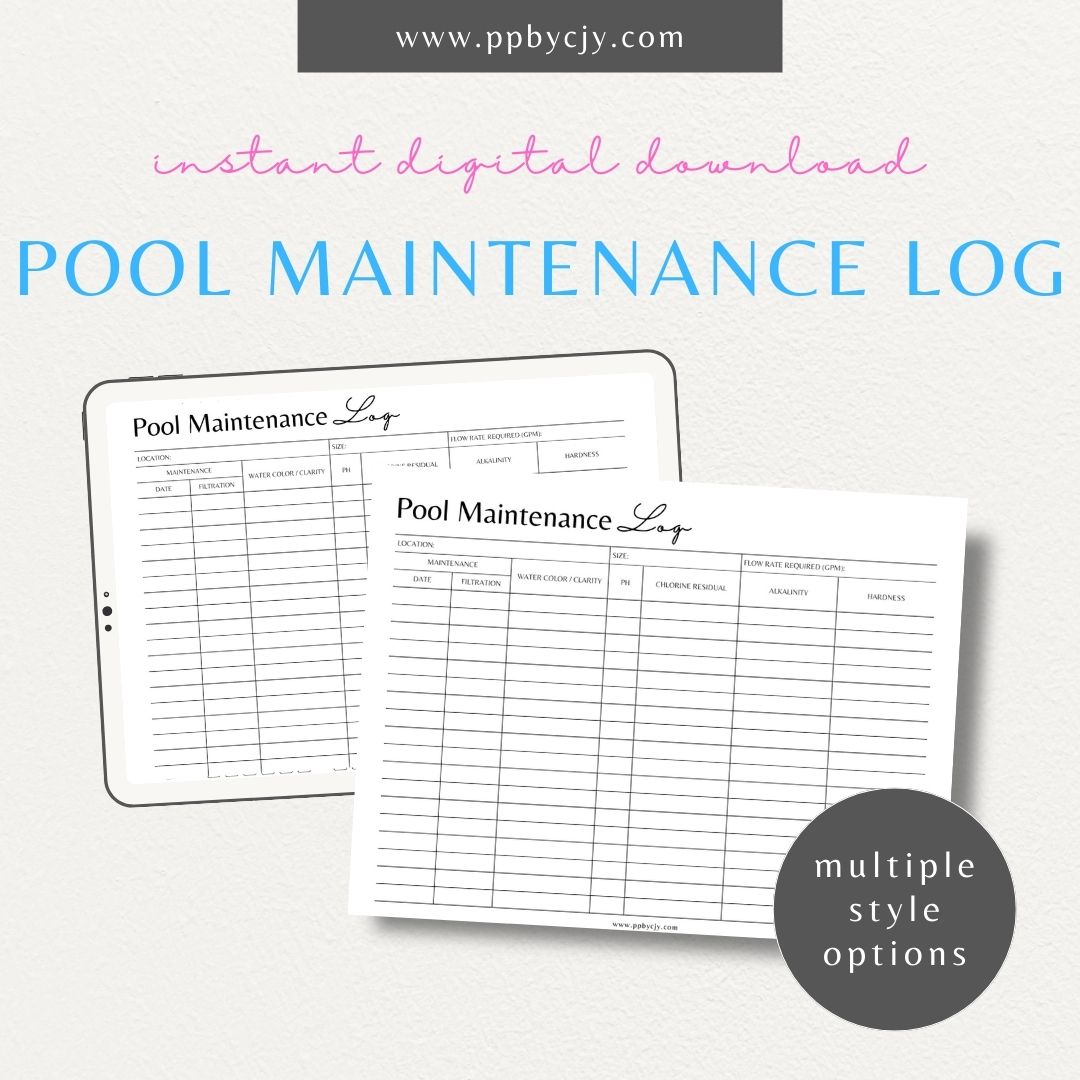 Pool Maintenance Log Template Printable – Digital download for pool care tracking