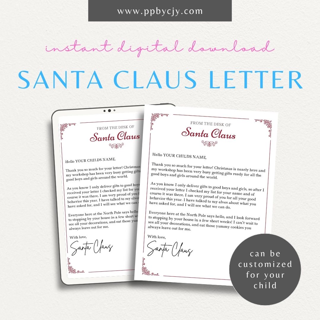 Personalized Letter from Santa Printable Template – Digital download featuring customizable and festive letters from Santa Claus for a magical holiday experience.