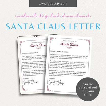 Personalized Letter from Santa Printable Template – Digital download featuring customizable and festive letters from Santa Claus for a magical holiday experience.