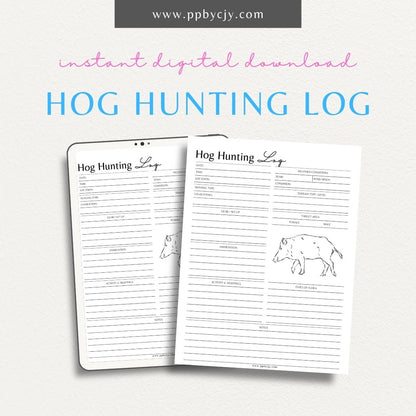 Hog Hunting Log Printable Template – Digital download for tracking hog hunting details, including sightings, weather, and equipment used.