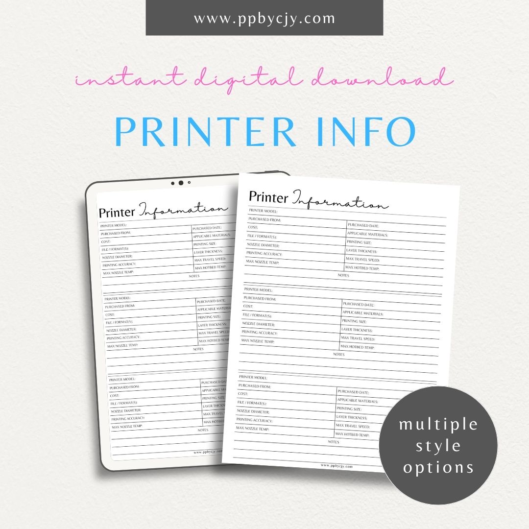 3D Printer Information Printable Template – Digital download for organizing and tracking 3D printer setup, maintenance, and printing parameters