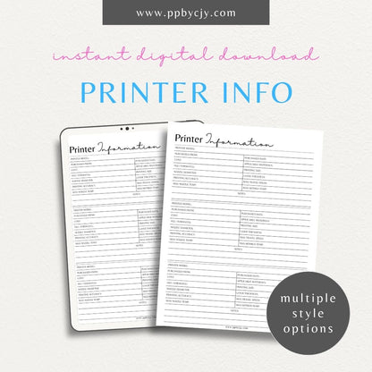 3D Printer Information Printable Template – Digital download for organizing and tracking 3D printer setup, maintenance, and printing parameters