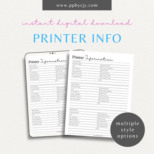 3D Printer Information Printable Template – Digital download for organizing and tracking 3D printer setup, maintenance, and printing parameters