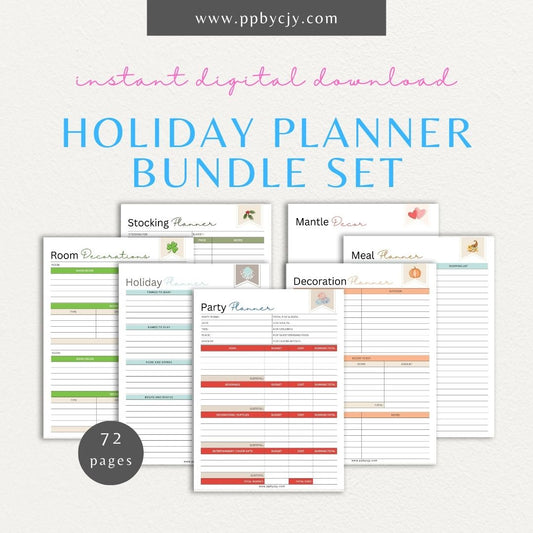 Holiday Planner Bundle Printable Template – Digital download featuring a collection of planning sheets to organize and manage all aspects of holiday preparations and celebrations.