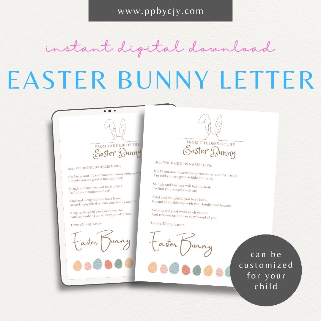 Personalized Easter Bunny Letter Printable Template – Digital Download for Custom Easter Greetings with space for adding a child’s name and special messages.