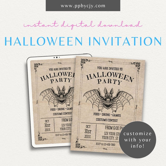 Halloween Invitation with Bats Theme – Printable spooky party invite featuring flying bats.