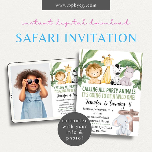 Safari Jungle Animal Invitation Printable Template – Editable digital download for a wild animal-themed party.