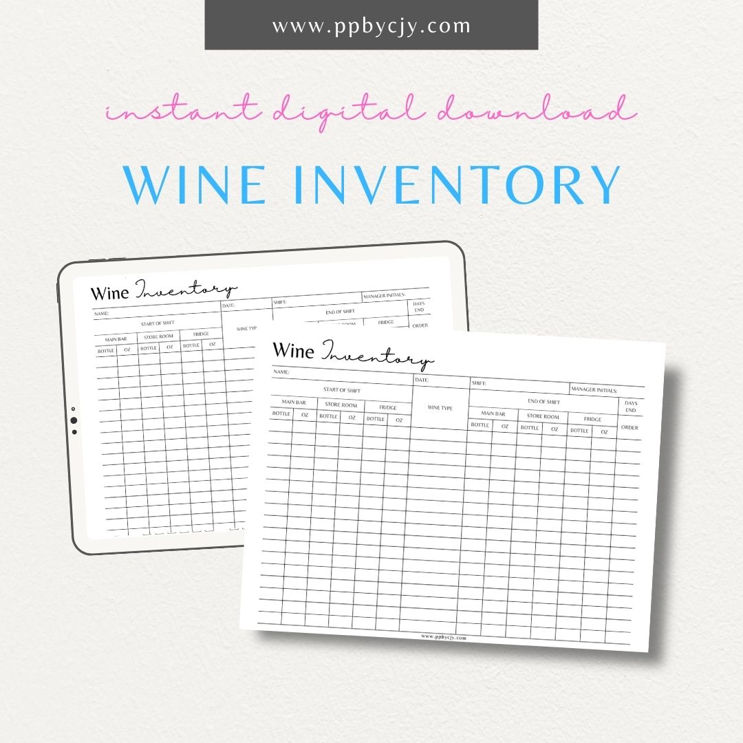 Wine Inventory Printable Template – Digital download for managing wine collection, organizing wine cellar, and recording tasting notes.