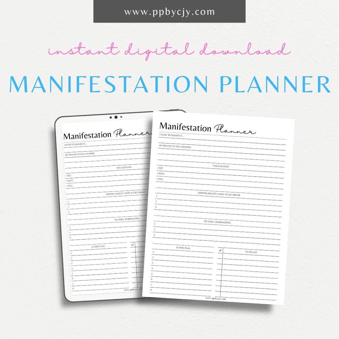 Manifestation Planner Printable Template – Digital download for goal setting, vision boards, and tracking personal growth