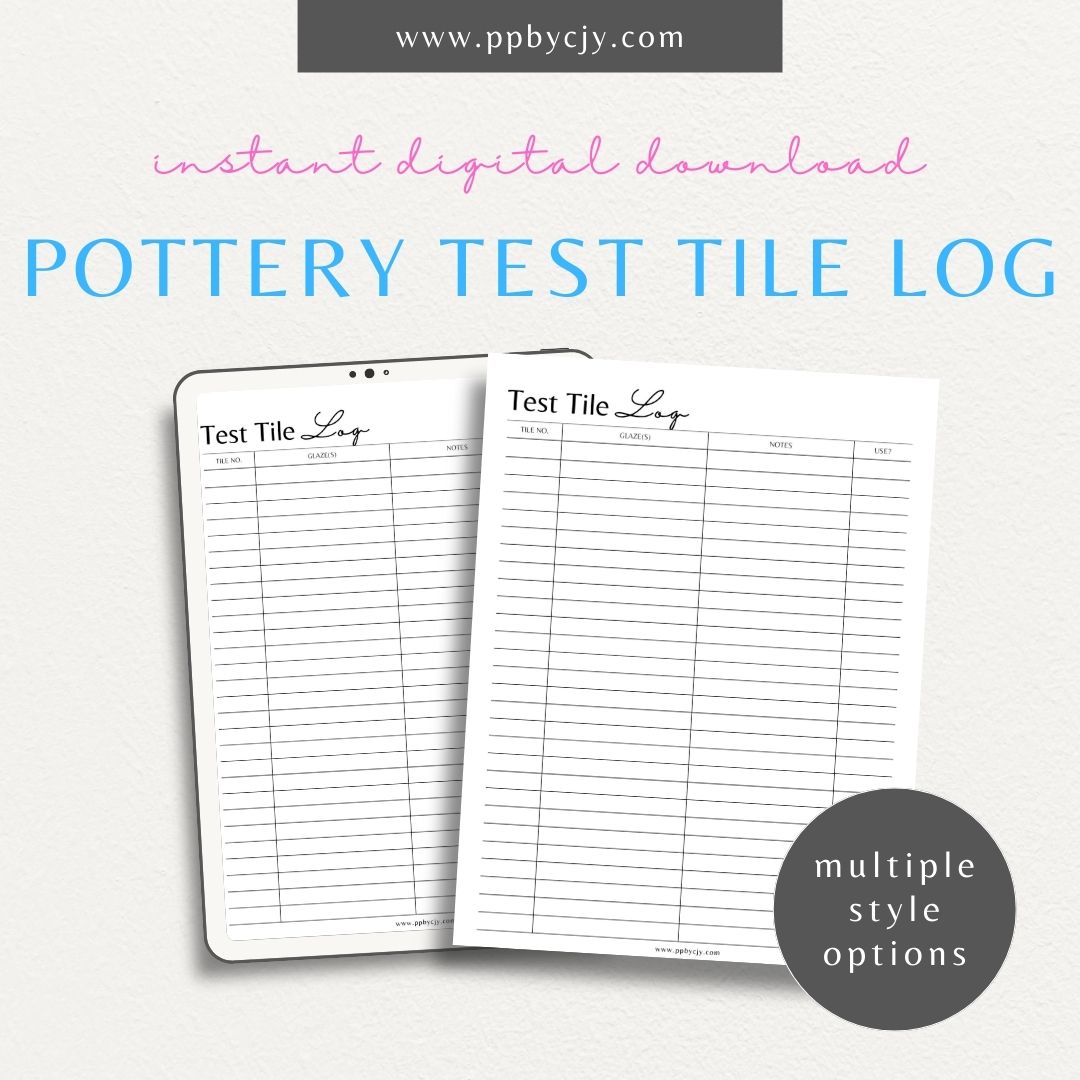 Pottery Test Tile Log Printable Template – Digital download for documenting and tracking ceramic glaze tests, including glaze types, temperatures, and observations