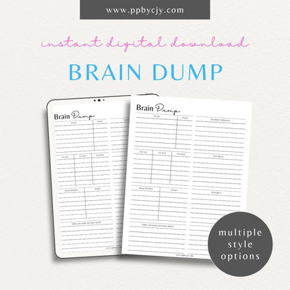 Brain Dump Worksheet Printable – Digital download for organizing thoughts, ideas, and tasks to achieve mental clarity.