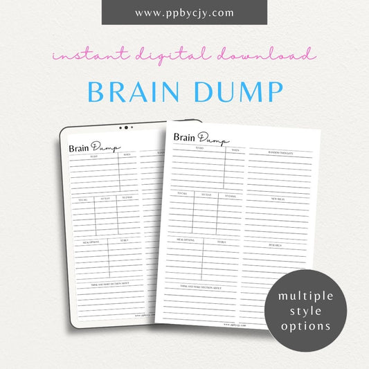 Brain Dump Worksheet Printable – Digital download for organizing thoughts, ideas, and tasks to achieve mental clarity.