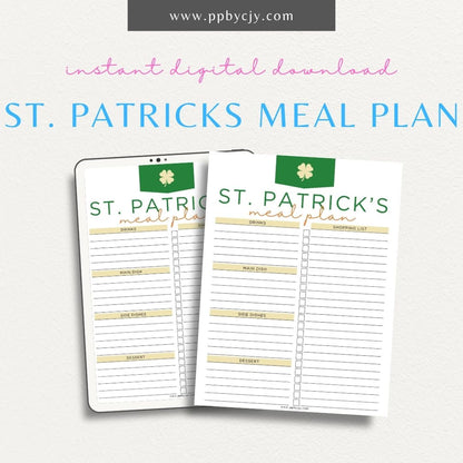 St. Patrick's Day Meal Planner Printable Template – Digital download for organizing and planning St. Patrick's Day meals, including recipes, ingredients, and meal schedules