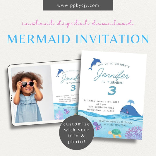 Mermaid Birthday Invitation Printable – Digital download with seashells and mermaid design