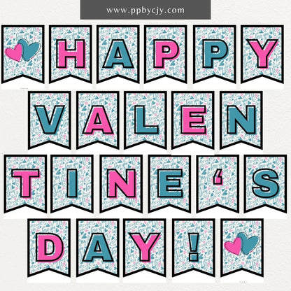 Printable Valentine’s Day flag banner with "Happy Valentine’s Day" lettering and heart designs for festive decorations.

