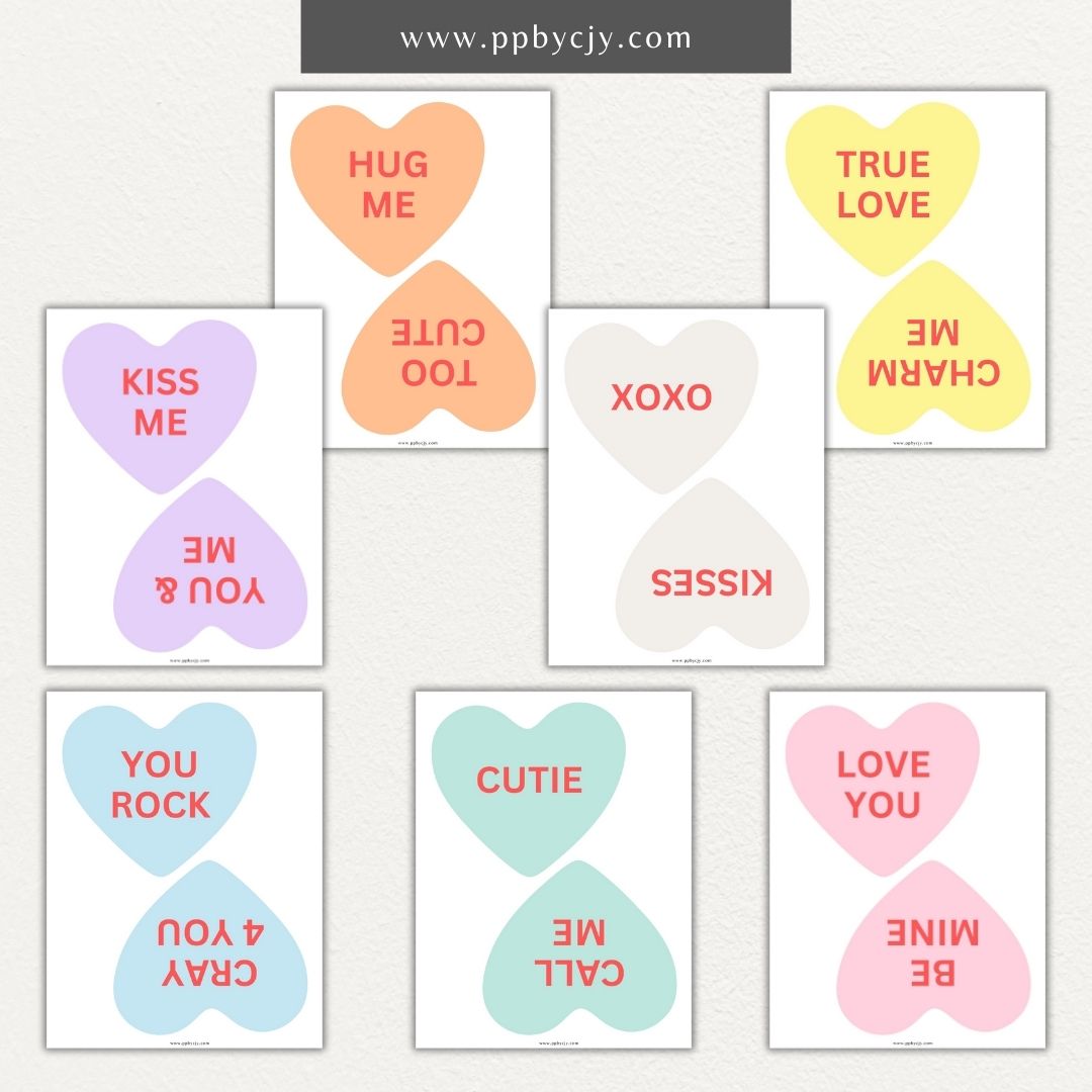 Printable Valentine’s Day flag banner with colorful conversation hearts featuring classic sayings for festive decoration.

