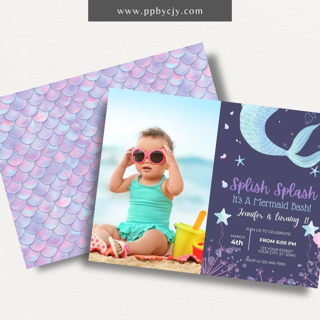 Mermaid Party Invitation Printable Template – Editable digital download for under-the-sea-themed birthday celebrations.