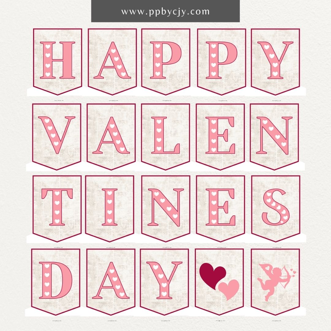 Printable Valentine’s Day flag banner with "Happy Valentine’s Day" lettering and heart designs for festive decorations.

