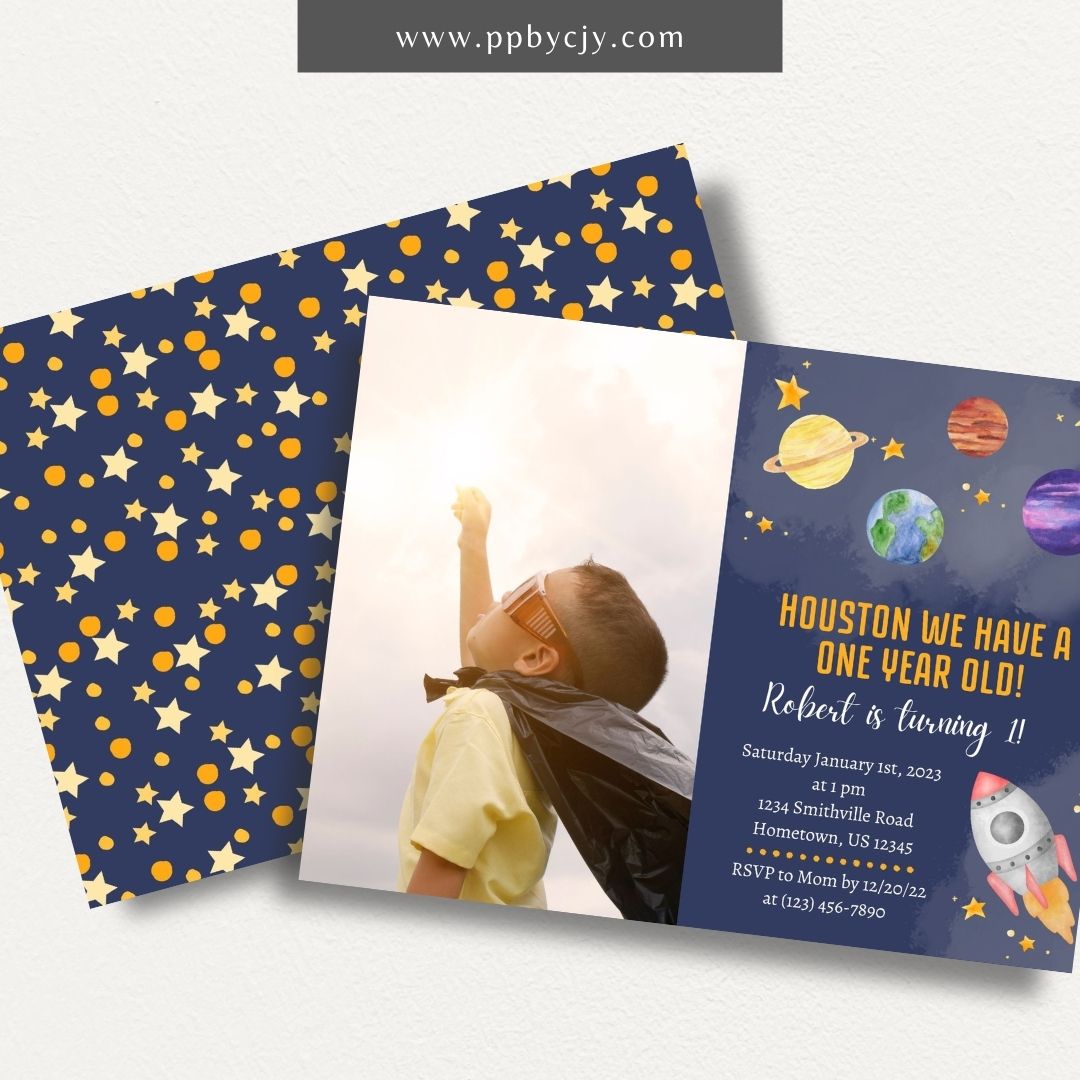 Space Planet Invitation Printable Template – Editable digital download for a cosmic-themed party.