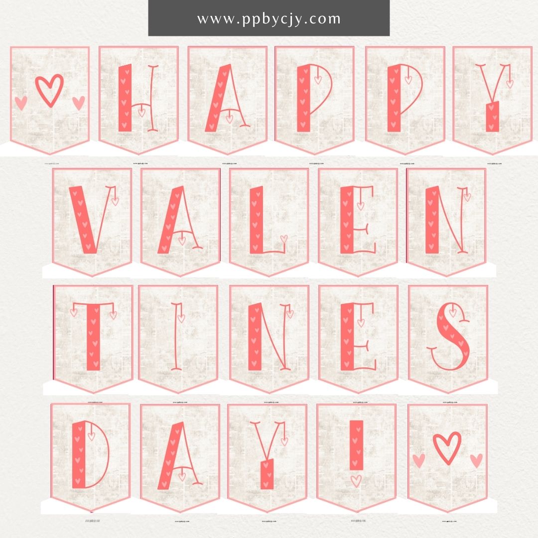 Printable Valentine’s Day flag banner with "Happy Valentine’s Day" lettering and heart designs for festive decorations.

