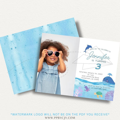 Marine ocean printable invitation featuring a whale and dolphin design, perfect for ocean-themed parties and celebrations.
