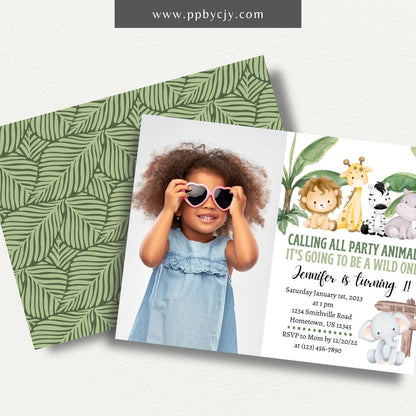 Safari Jungle Animal Invitation Printable Template – Editable digital download for a wild animal-themed party.